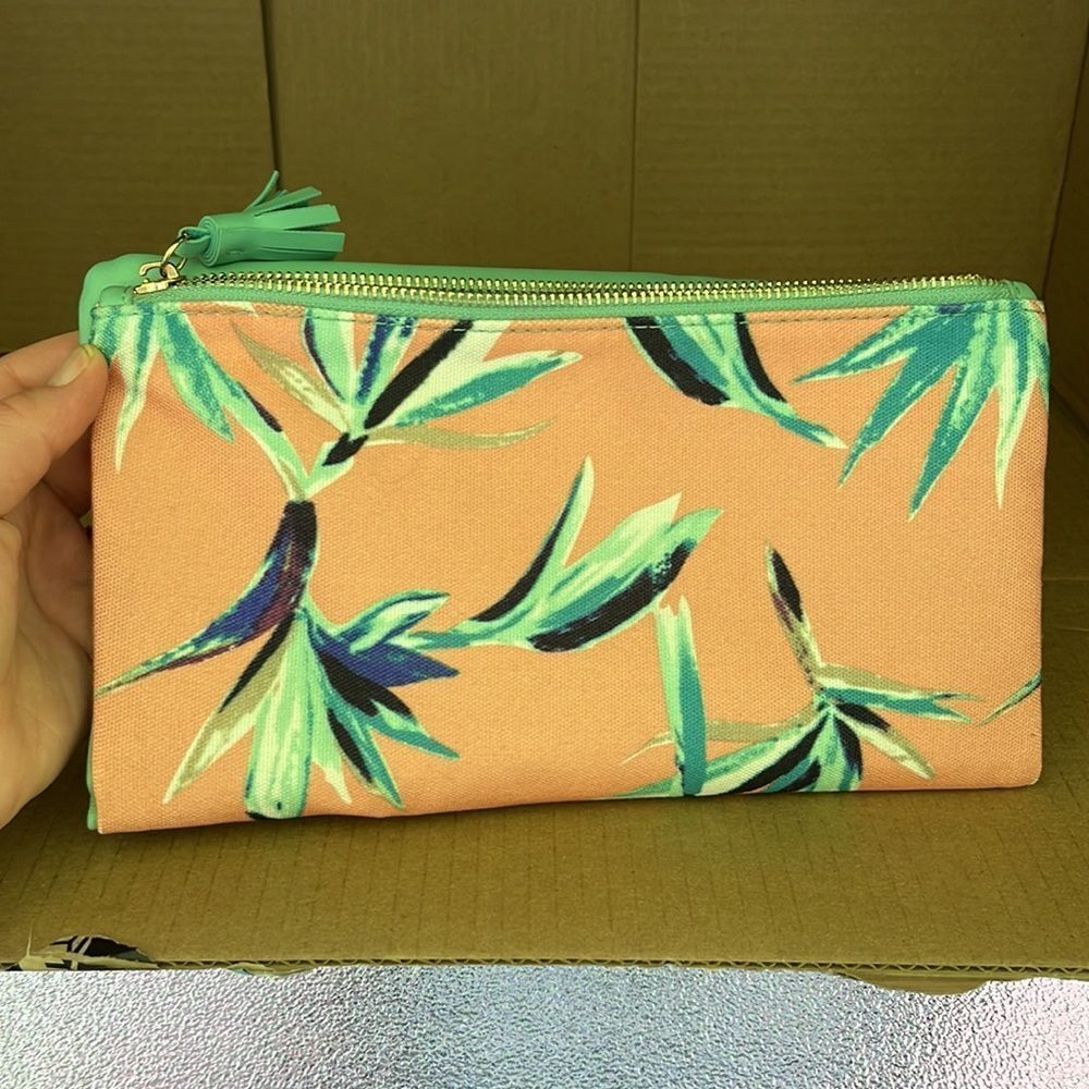 Rachel Pally Tropical Floral Clutch Pouch Cosmetic Bag Mint Green Tassel